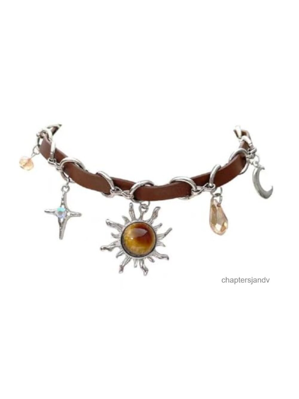Faux Leather Sun Choker Necklace with Crystal Goth Boho Celestial Pendant